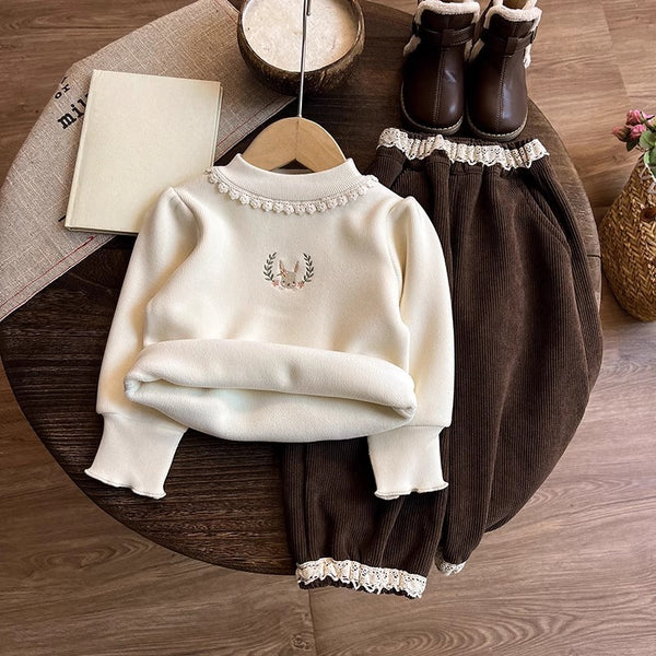 Girls' Winter Fleece Bottoming Sweatshirt and Pants Two-piece Set
