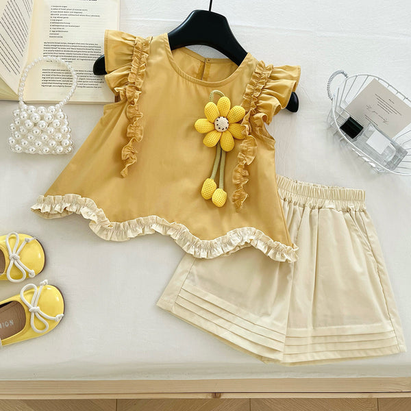 New Girls Summer Flower Top Shorts Two Piece Set