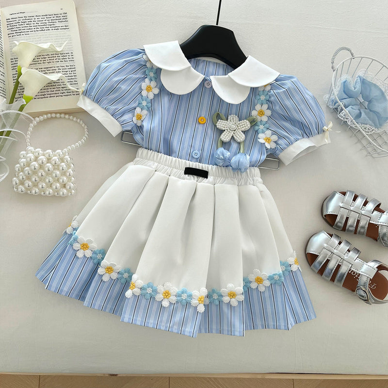 Girls Summer Striped Shirt Flower Pleated Skirt Two-piece Set
