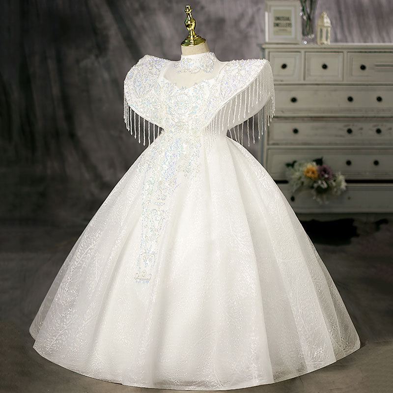 Baby Girl Pageant Sequin Pattern Cuff Tassels Princess Dress