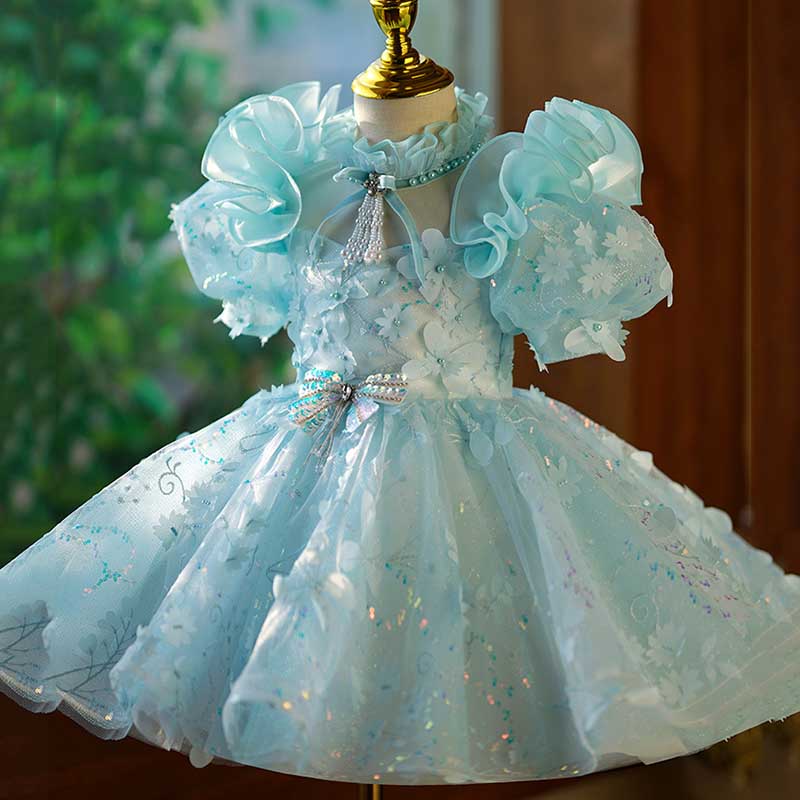 Baby Girl Dress Toddler Birthday Pageant Wedding Sequin Bow Fluffybow Puff Sleeves Dress