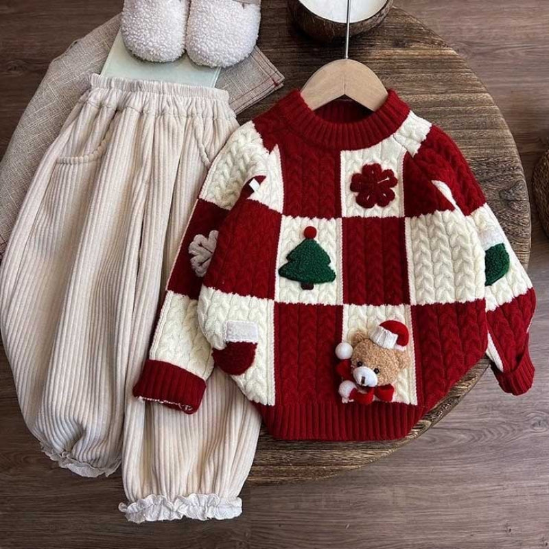 Girls' Autumn New Year Greetings Sweater and Pants Two-piece Set