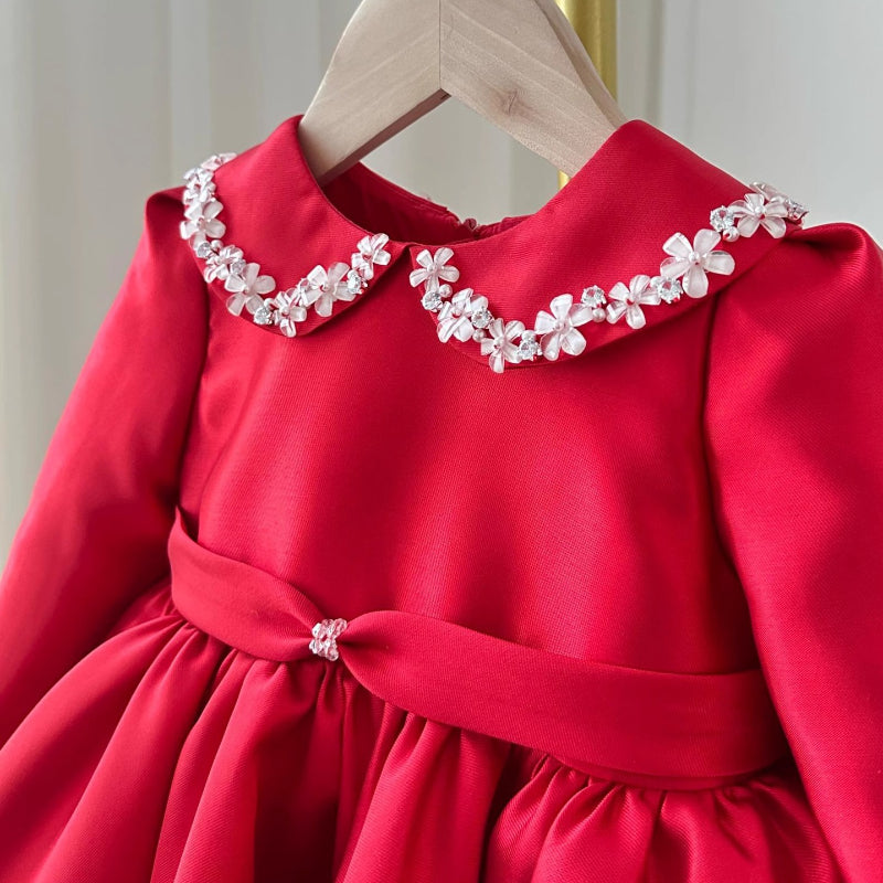 Cute Baby Girl with Flower Doll Collar Red Princess Dress Girl Toddler First Communion Dress