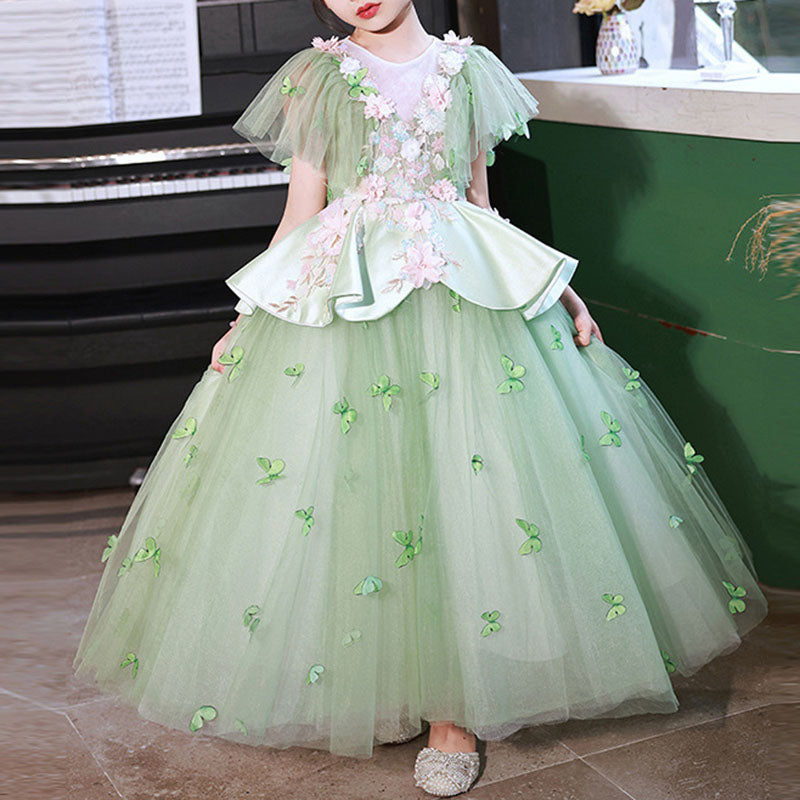 elegant flower girl dresses Elegant Baby Girls Green Floral Puff Sleeve Evening Dress Toddler Flower Girl Dresses