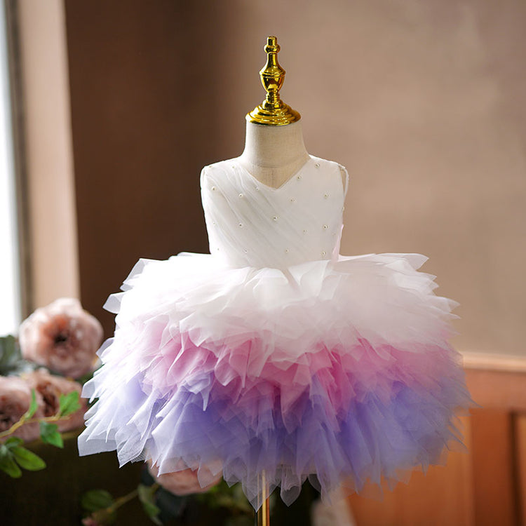 Baby Girl Wedding Birthday Bead Bow Stitching Colorful Fluffy Princess Dress
