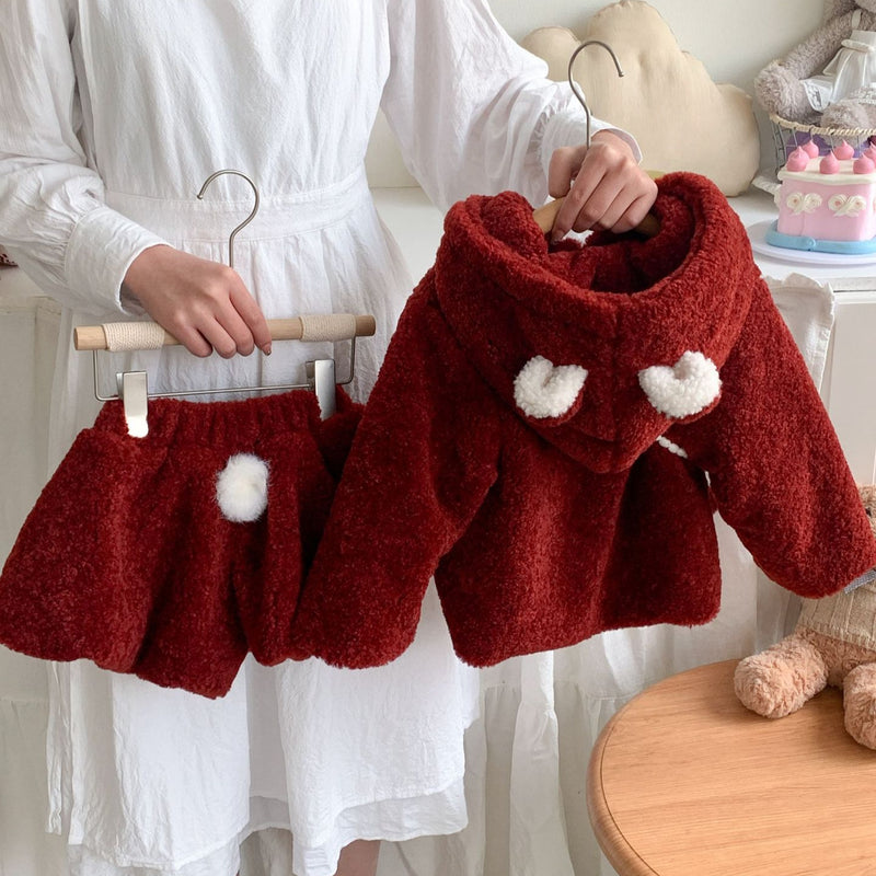 Girls Hooded Pom Pom Coat Children's Floral Pants Two-piece Set