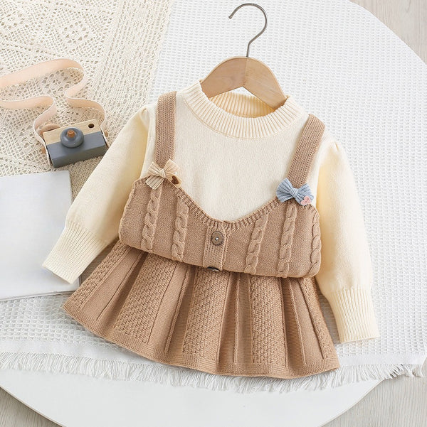 Girls' Fake Two-piece Knitted Cable Pullover Skirt Two-piece Set