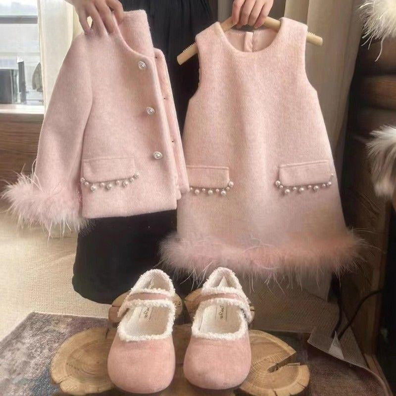 Children's Warm Wool Coat Vest Dress Two-Piece Set
