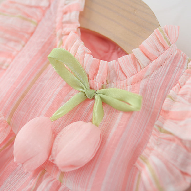 Girls Vertical Striped Tulip Fly Sleeve Dress