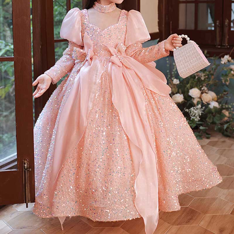 Little Girl Ball Gowns Girl Formal Pageant Bow Puff Sleeves Shiny Princess Dress