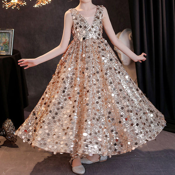 Girls Mesh Neckline Sequin Dress Party Princess Dress