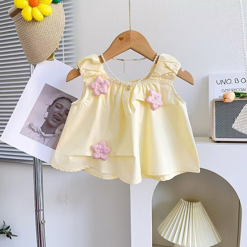 Girls 3D Flower Bud Cute Top and Shorts Two-piece Set