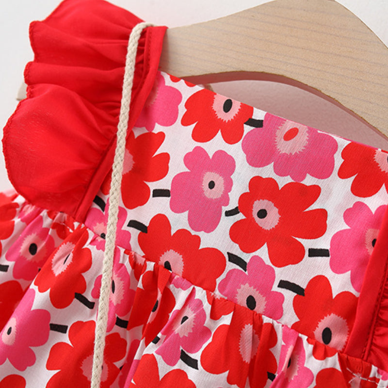 New Summer Girls' Floral Flying Sleeve Princess Dress