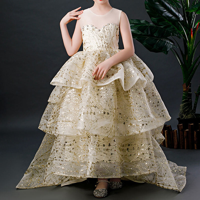 Baby Girl Wedding Dress Trailing Sequin Mesh Princess Dress