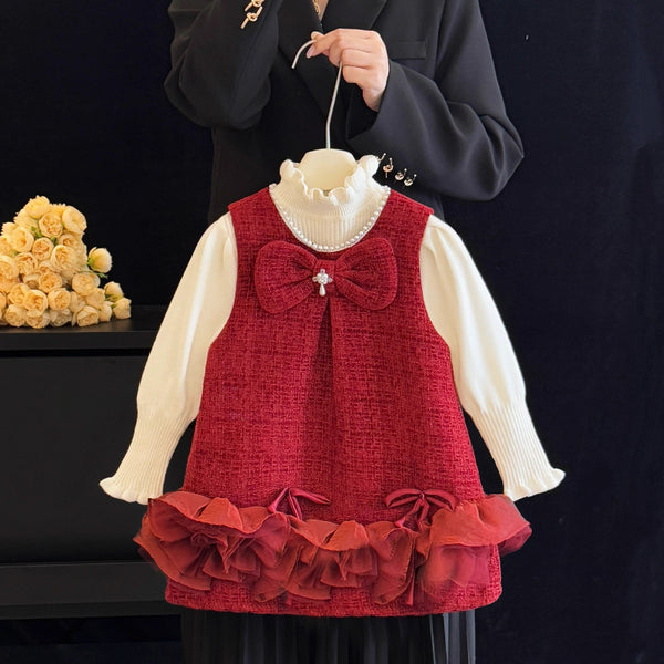 Girls Christmas Sequin Birthday Fluffy Princess Dress Bottoming Shirt Two-Piece Set