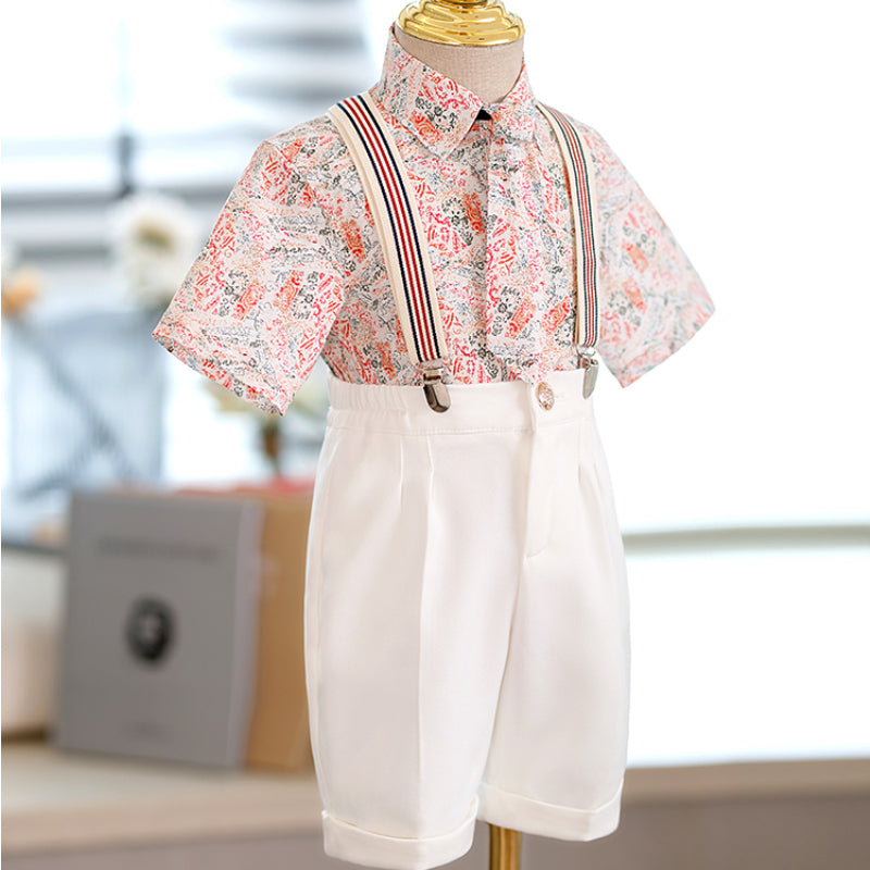 Baby Boy Floral Shirt Striped Overalls Suit Set