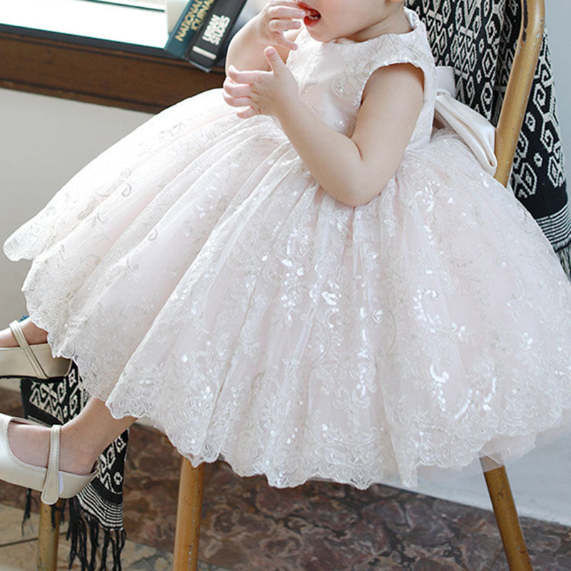 Sweet Baby Girls Sleeveless White Patterned Mesh Puffy Princess Dress Toddler Baptism Dresses
