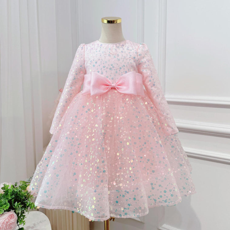 Sweet Baby Girls Sequined Long Sleeve Performance Dress Little Girl Dresses