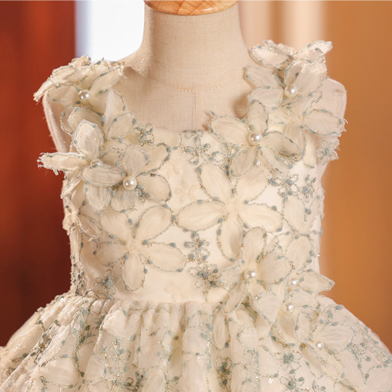 Elegant Baby Sleeveless Floral Puff Princess Dress Toddler Sequin Dress For Girls