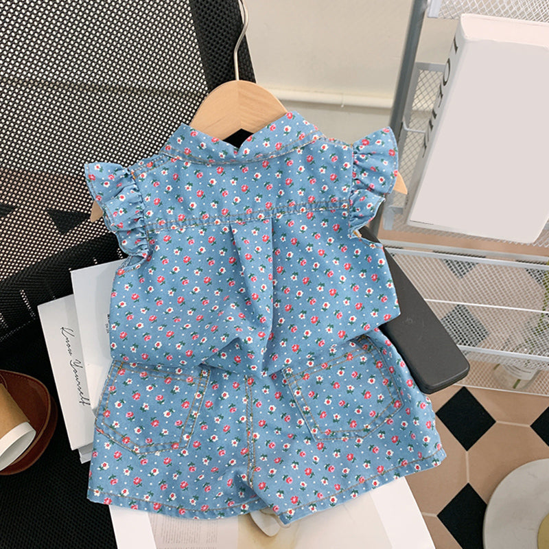 Cute Girl's Royal Blue Floral Denim Suit