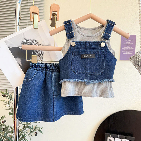 Cute Baby Girls' Three-piece Denim Skirt Suit