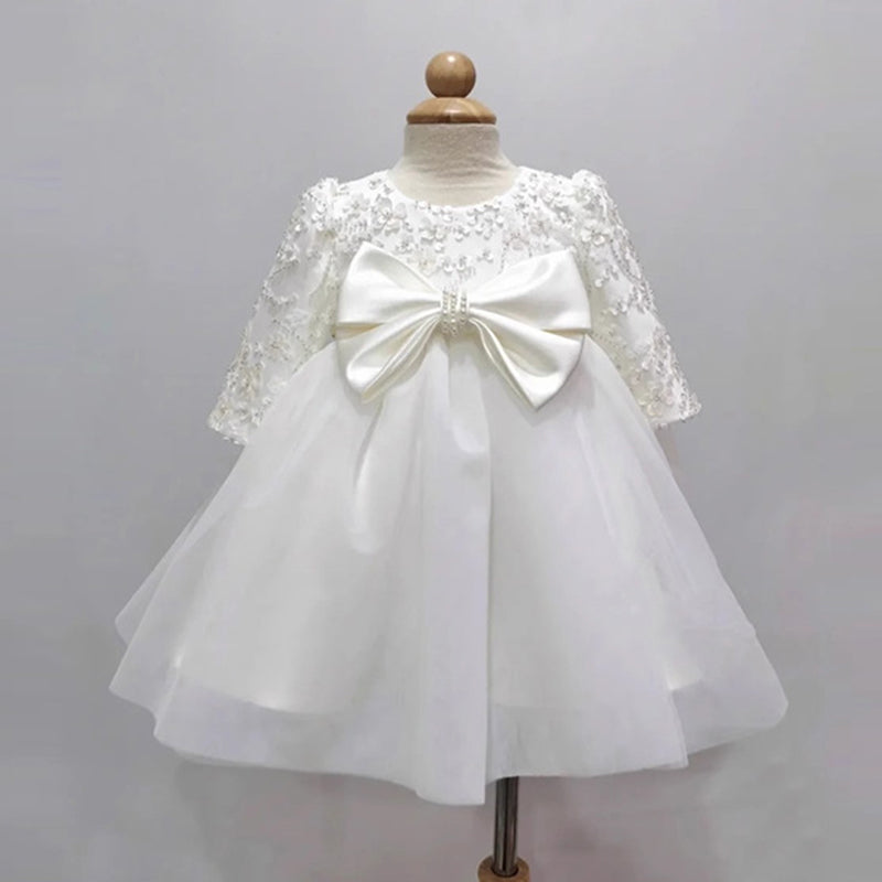 Cute Baby White Sequin Bow High Waist Puffy Dress Toddler Flower Girl Dresses