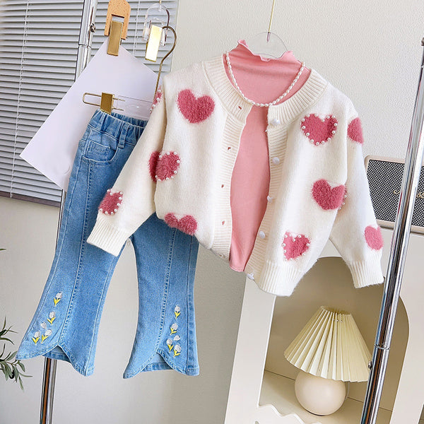 Cute Girls Knitted Love Coat Wide Leg Blue Jeans