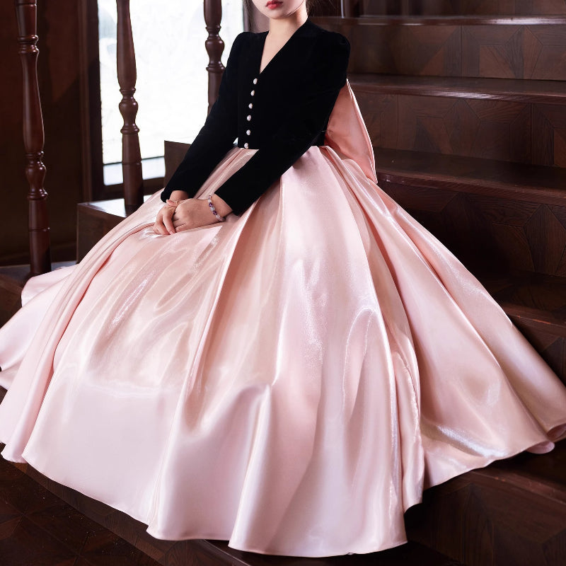 Girls Prom Dresses Children's Long Sleeve Satin Birthday Princess Dress