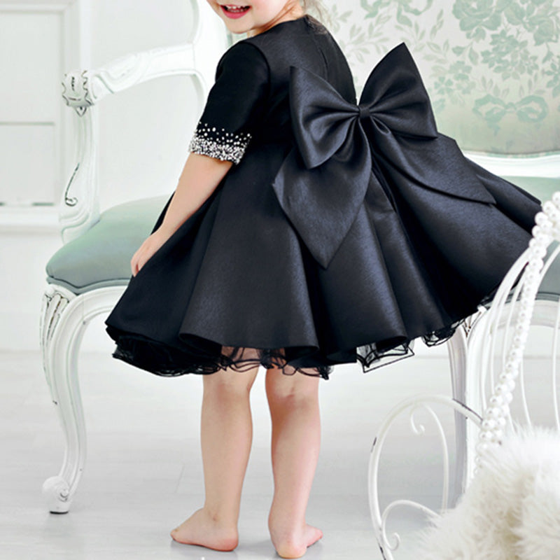 Elegant Baby Girls Black Bow Puff First Birthday Princess Dress Toddler Prom Dress