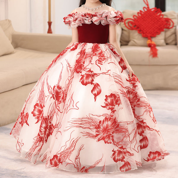Girls Red Birthday Dress Girls Elegant Prom Princess Dress