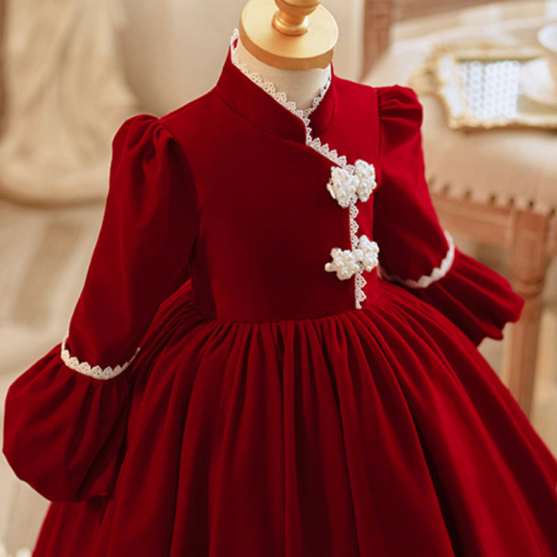 red velvet dress baby Flower Girl Dress Baby Girl Birthday Dress Girl Red Party Velvet Princess Dress, Red / 3-4 Years (110cm)