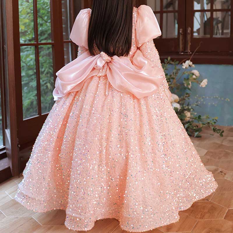 Little Girl Ball Gowns Girl Formal Pageant Bow Puff Sleeves Shiny Princess Dress