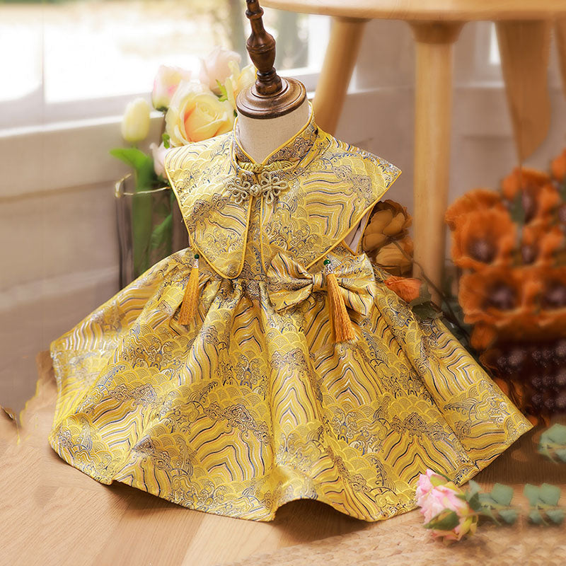Elegant Baby Girls Yellow Pattern Button Bow Princess Dress Toddler Catwalk Model Dress