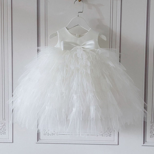 Elegant Baby Girl White V-neck Mesh One-Year-Old Princess Dress Toddler Birthday Party Dress