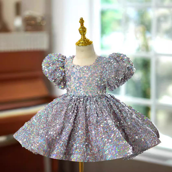 Elegant Baby Silver Sequin Puff Sleeve Puff Dress Toddler Prom Dress