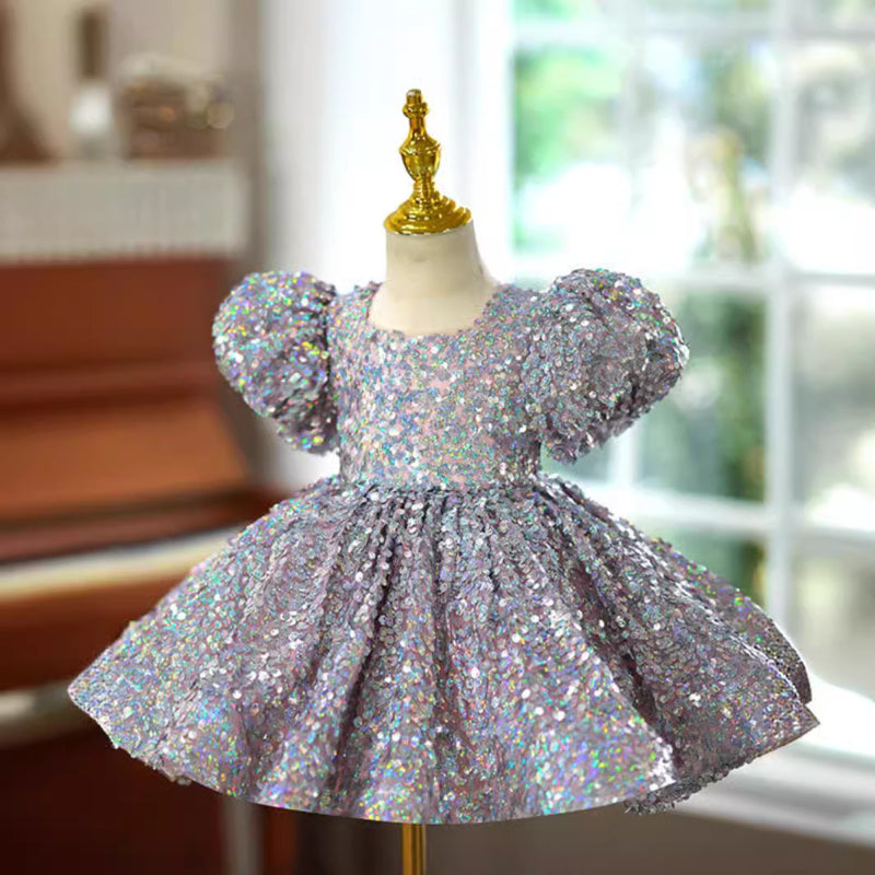Elegant Baby Silver Sequin Puff Sleeve Puff Dress Toddler Prom