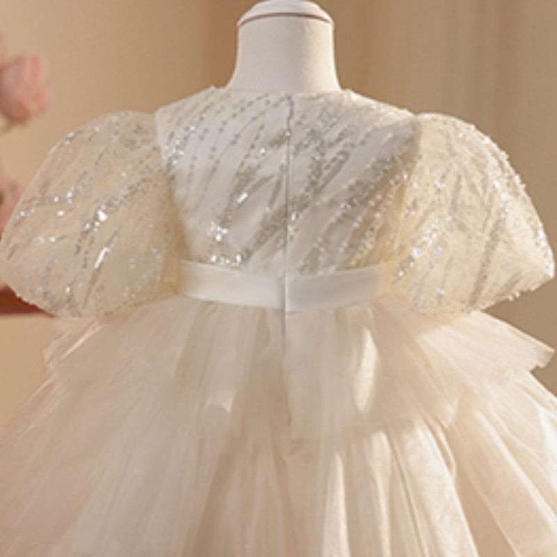 Flower Girl Dress Toddler Puff Sleeves Bow Sequin Mesh Fluffy Princess Dress