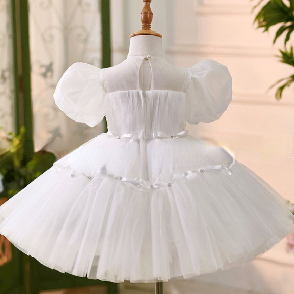 Elegant Baby White Puff Sleeve Flower Girl Dress Toddler Christening Dress