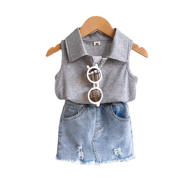 Cute Baby Girl Gray Vest Loose Jeans Two Piece Set