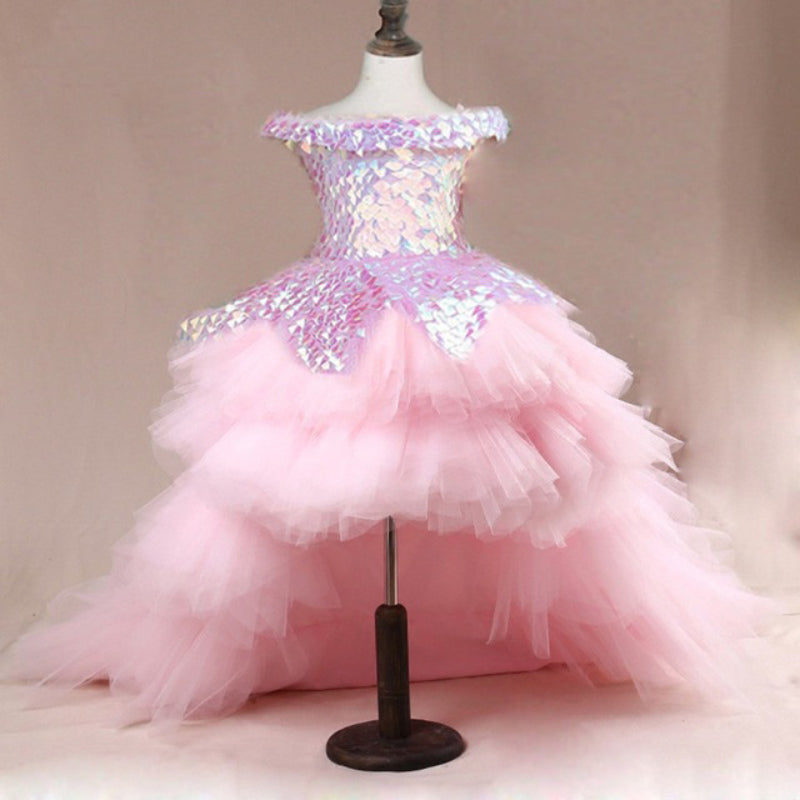 Elegant Baby Girls Pink One Shoulder Sequin Short Tail Princess Dress Princess First Year Dress
