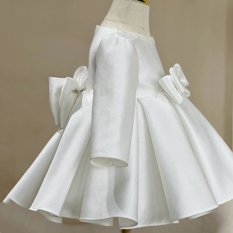 Elegant Baby Long-sleeved White Round Neck Birthday Dress Toddler Flower Girl Dress