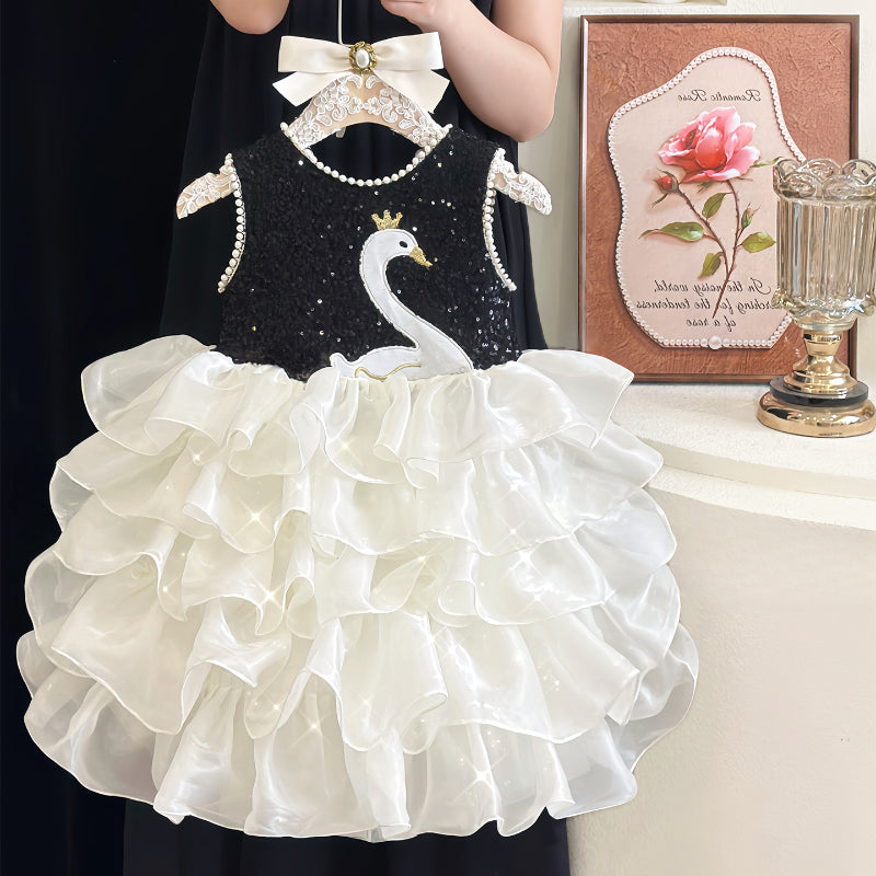 Girls Birthday Dress Girls Black Swan Sequined Vest Dress
