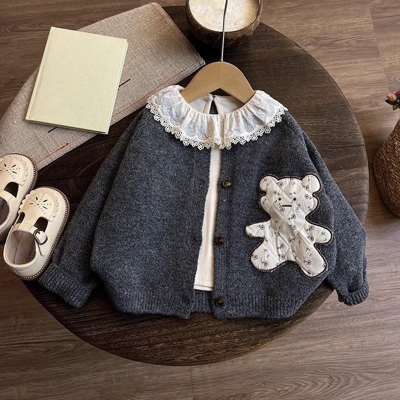 Girls' New Knitted Cardigan Top and Pants Three-piece Set