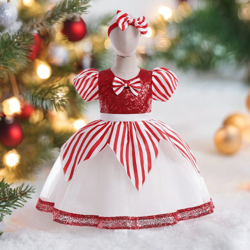 thumbnail interactive-video image 1 of Bonnie Jean Girls Christmas Dress - Red Green Gold Striped Holiday Dress 1 of 9