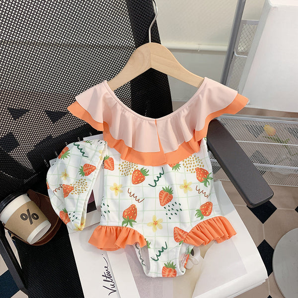 Girls Summer Cute Strawberry Princess One-Piece Swimsuit