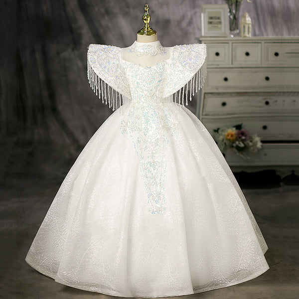 Baby Girl Pageant Sequin Pattern Cuff Tassels Princess Dress
