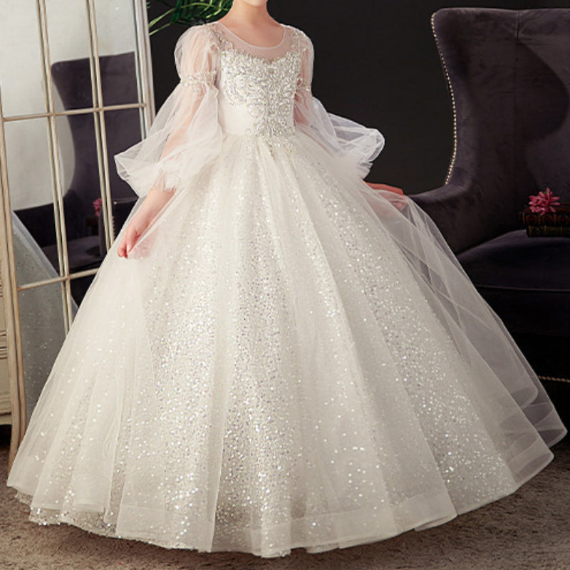 Girls White Sequin Dress Children Birthday Princess Dress