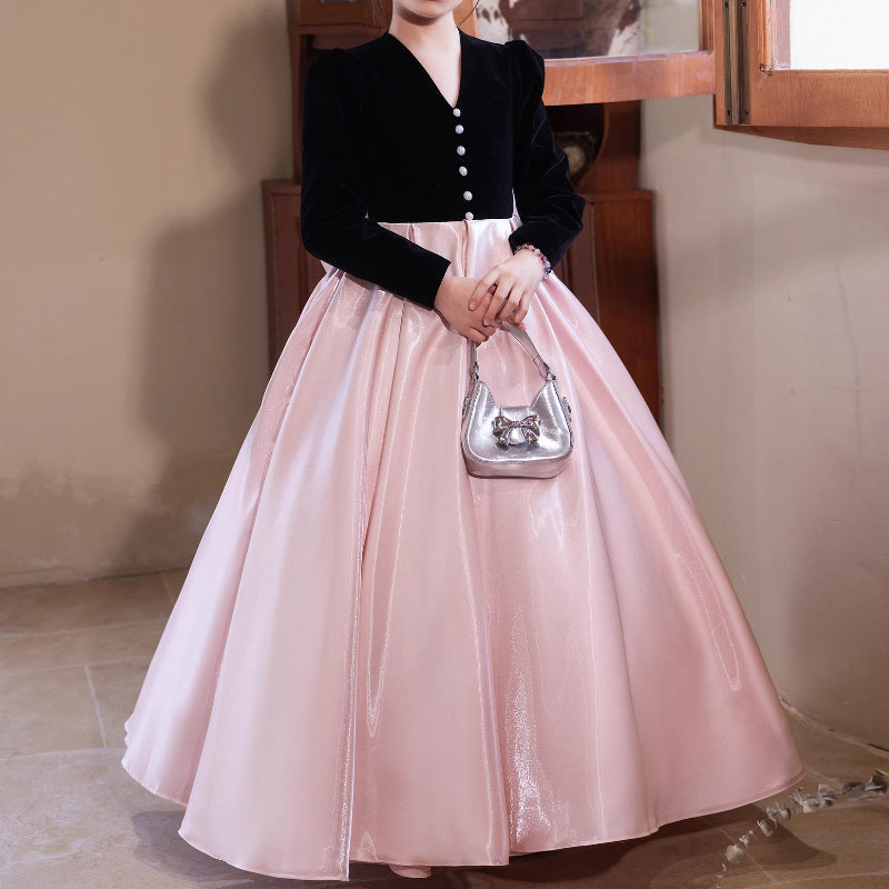 Girls Prom Dresses Children's Long Sleeve Satin Birthday Princess Dress
