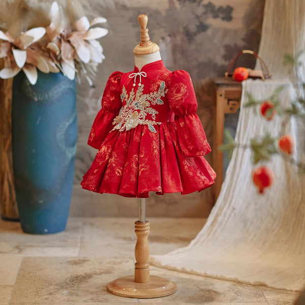 Girls Red Birthday Dress Children Christmas Cheongsam Baby Princess Dress