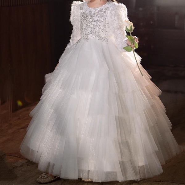Girls Birthday Prom Long Sleeve Dress Flower Girl White Wedding Dress